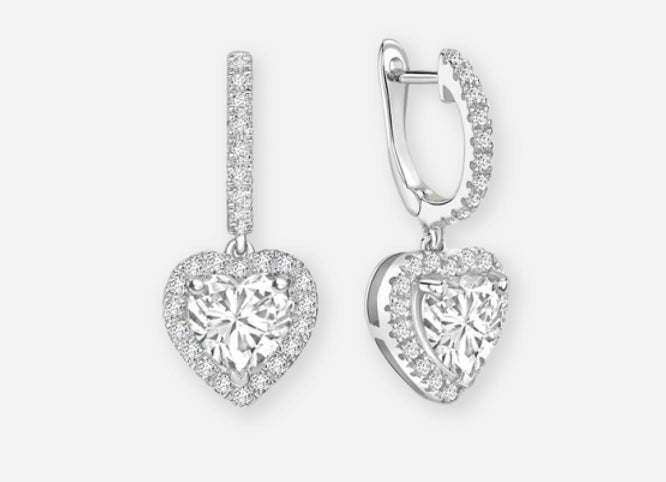 rhea heart diamond halo drop earrings