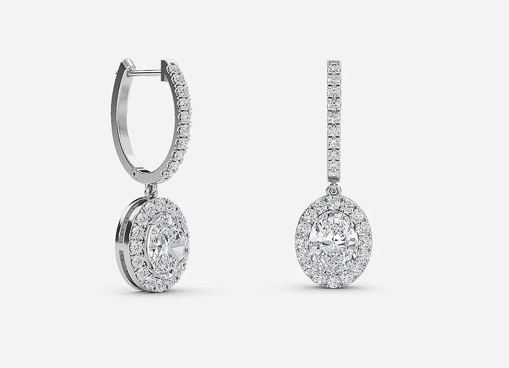 rhea oval diamond halo drop earrings