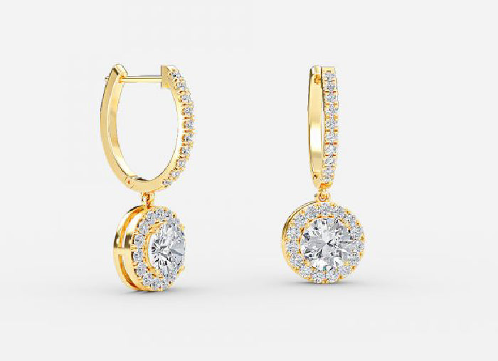 rhea round diamond halo drop earrings