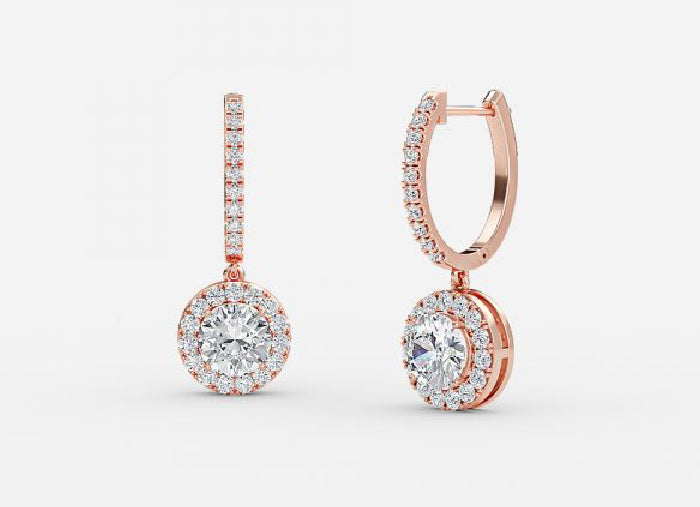 rhea round diamond halo drop earrings