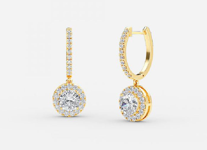 rhea round diamond halo drop earrings
