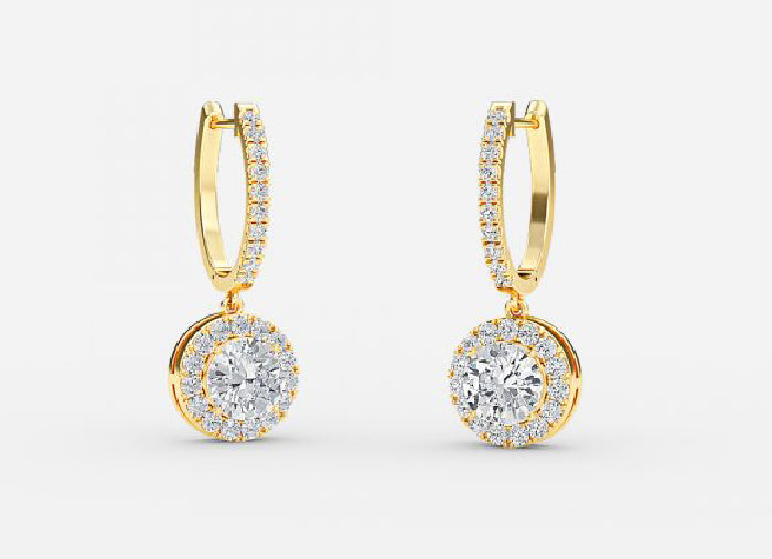 rhea round diamond halo drop earrings
