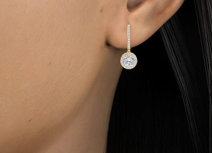 rhea round diamond halo drop earrings