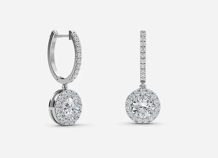 rhea round diamond halo drop earrings