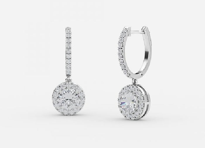 rhea round diamond halo drop earrings