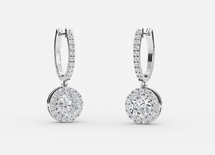 rhea round diamond halo drop earrings