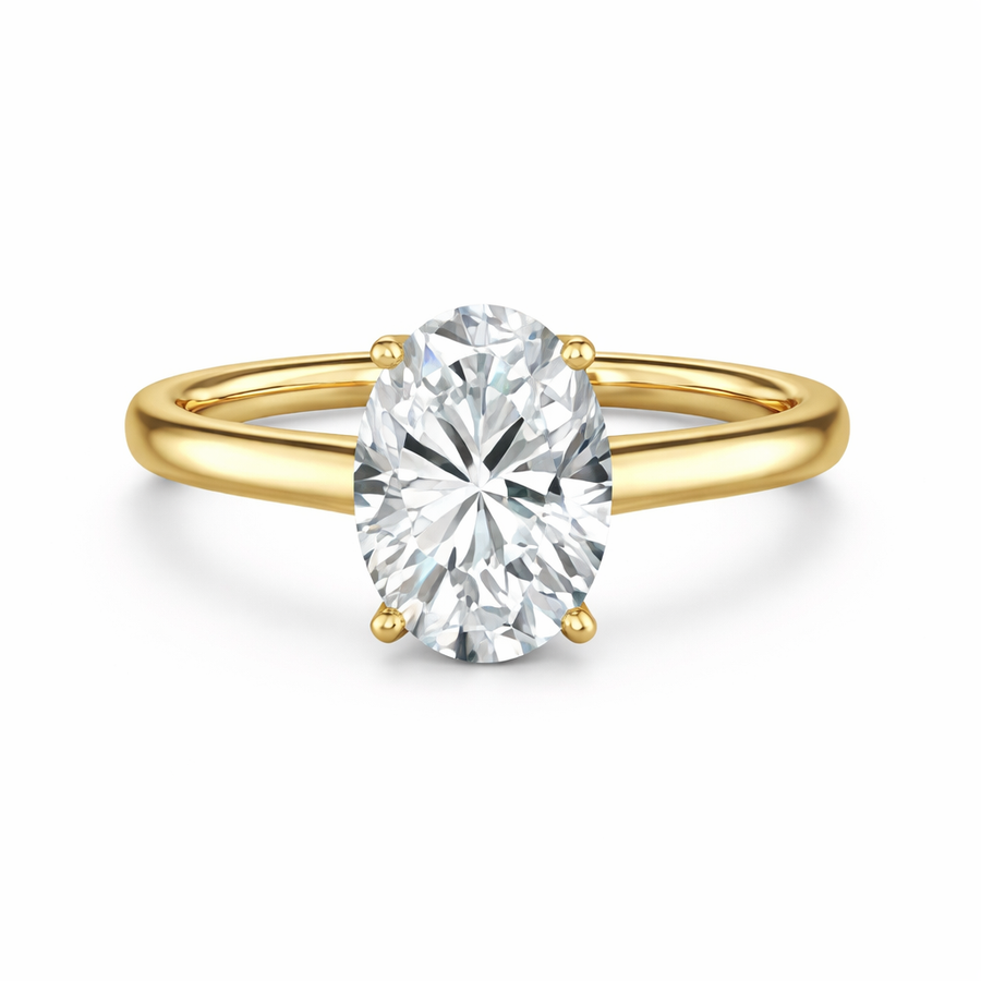 Front view of an oval-cut lab-grown diamond cathedral solitaire engagement ring in yellow gold