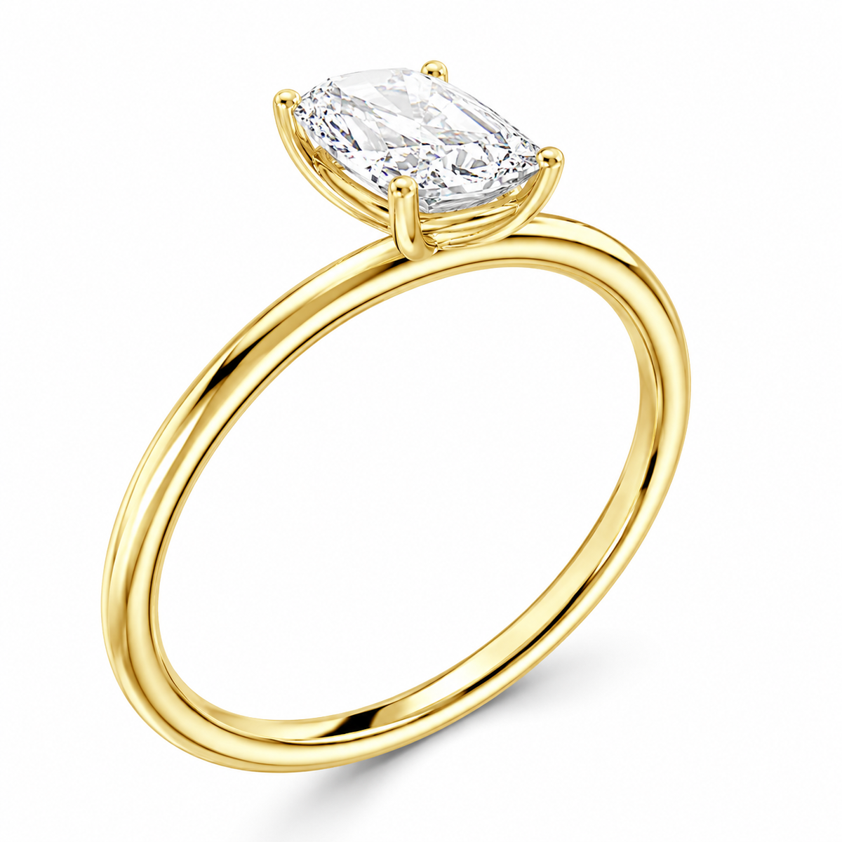 Angled view of an elongated cushion-cut lab-grown diamond solitaire engagement ring in yellow gold