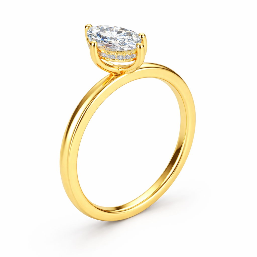 Angled view of a marquise-cut lab-grown diamond hidden halo engagement ring in yellow gold