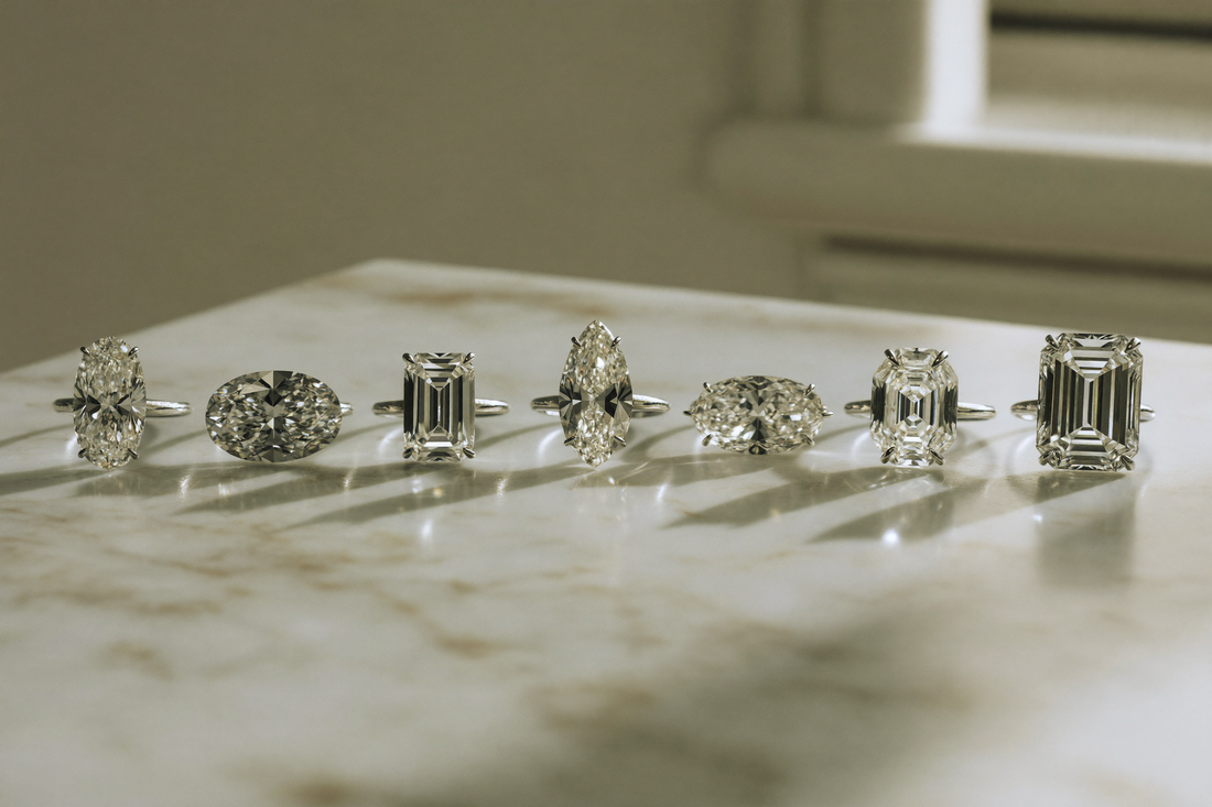 Eight diamond shapes in a row: round, oval, emerald, pear, marquise, radiant, cushion and elongated cushion