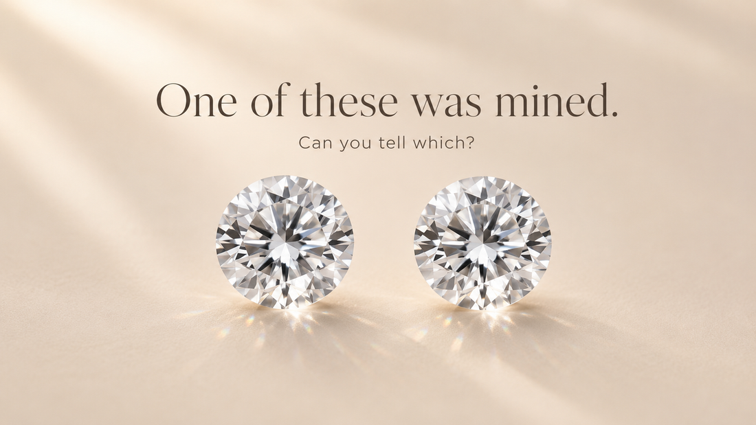 Two identical round brilliant diamonds side by side, one lab-grown and one mined, with the caption one of these was mined