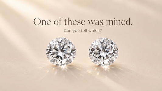Two identical round brilliant diamonds side by side, one lab-grown and one mined, with the caption one of these was mined