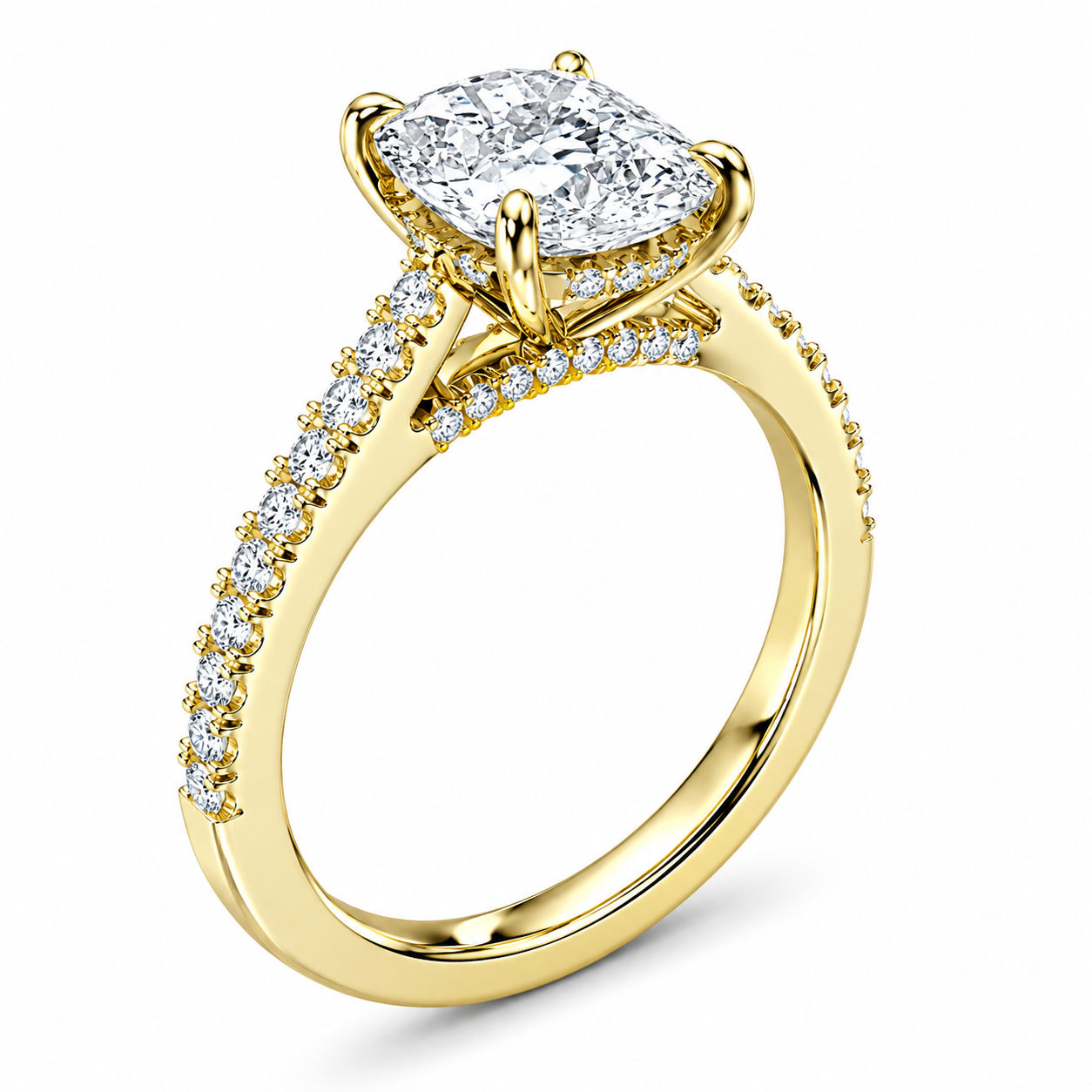 Cathedral Elongated Cushion Hidden Halo with Diamond Bridge