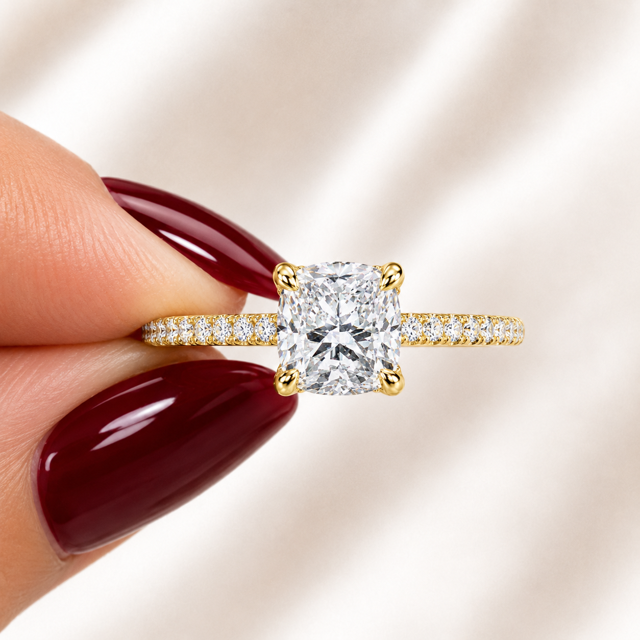 Cathedral Elongated Cushion Hidden Halo with Diamond Bridge