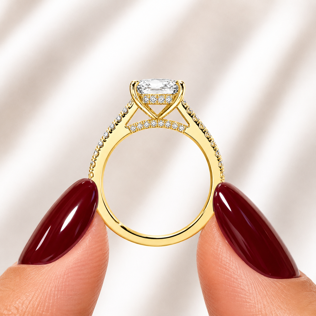 Cathedral Elongated Cushion Hidden Halo with Diamond Bridge