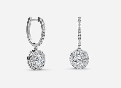 Rhea Round Diamond Halo Drop Earrings