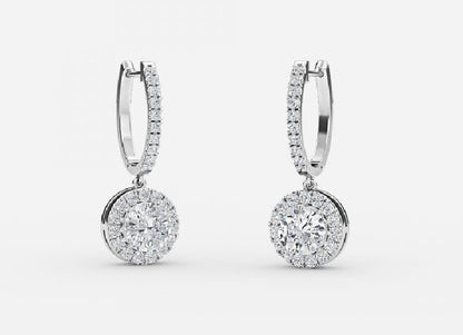 Rhea Round Diamond Halo Drop Earrings