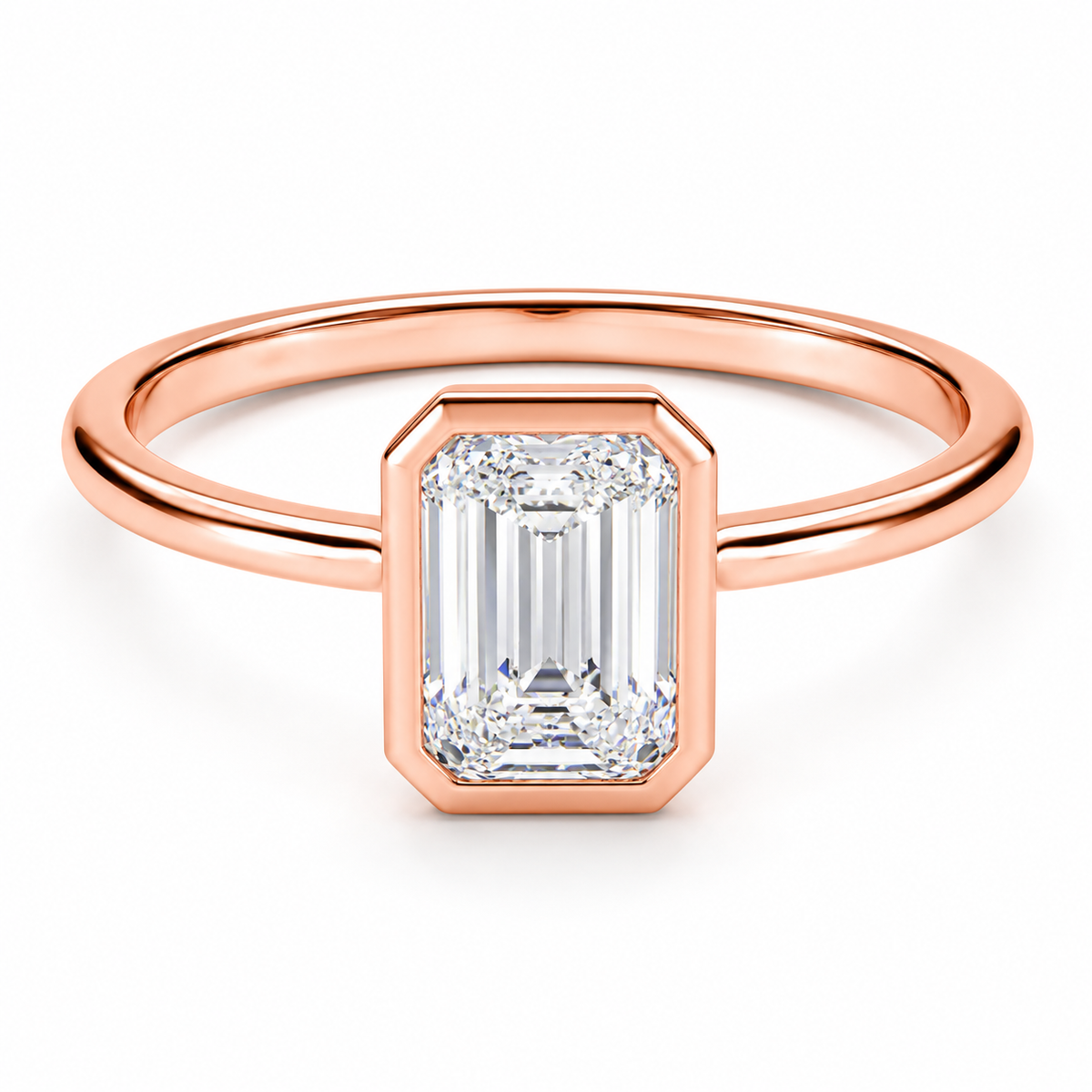 Front view of an emerald-cut lab-grown diamond bezel-set solitaire engagement ring in rose gold