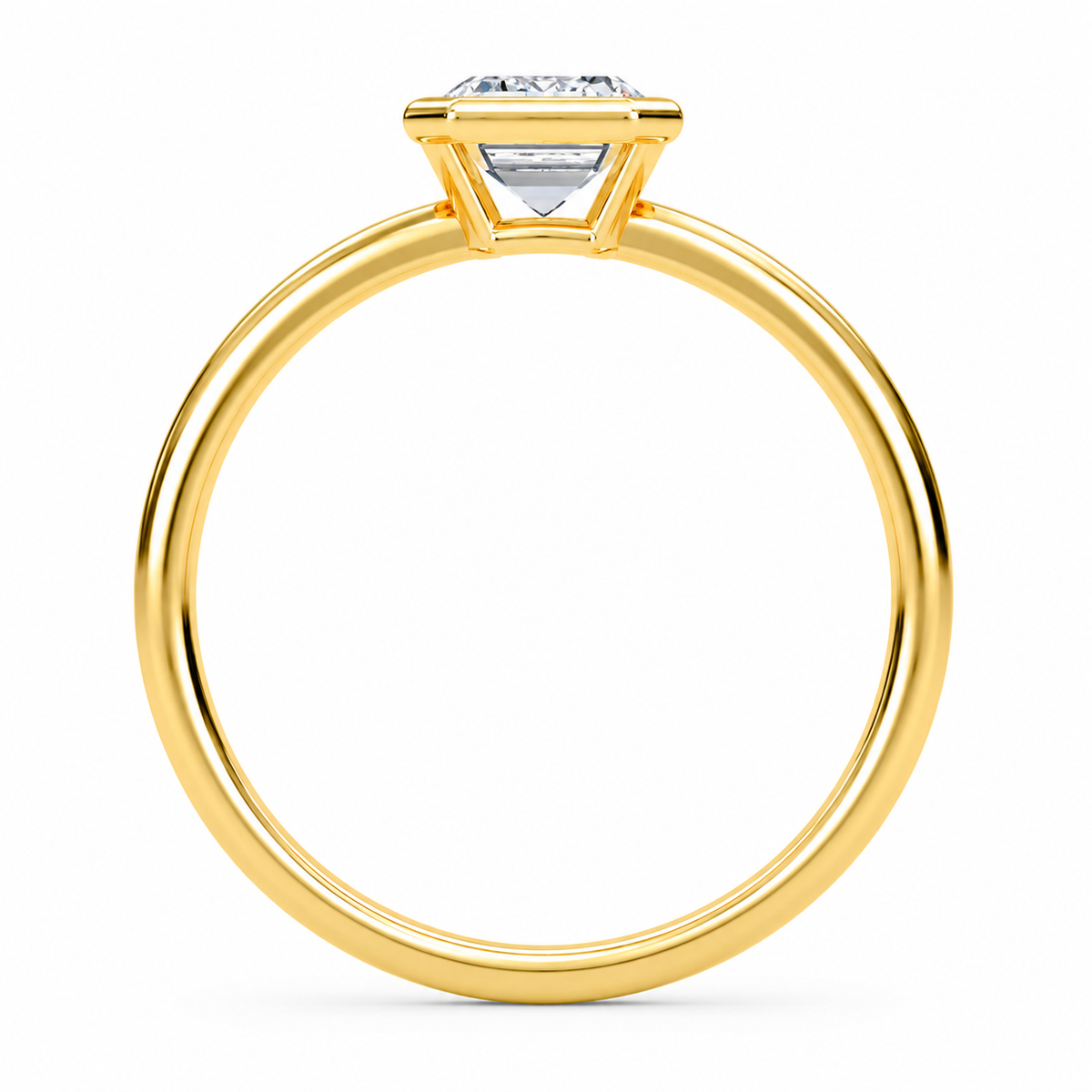 Rear view of an emerald-cut lab-grown diamond bezel-set solitaire engagement ring in yellow gold