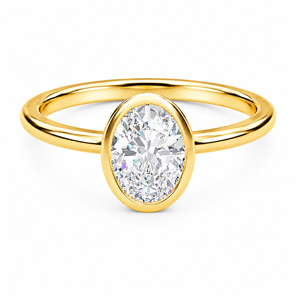 Front view of an oval-cut lab-grown diamond bezel-set solitaire engagement ring in yellow gold