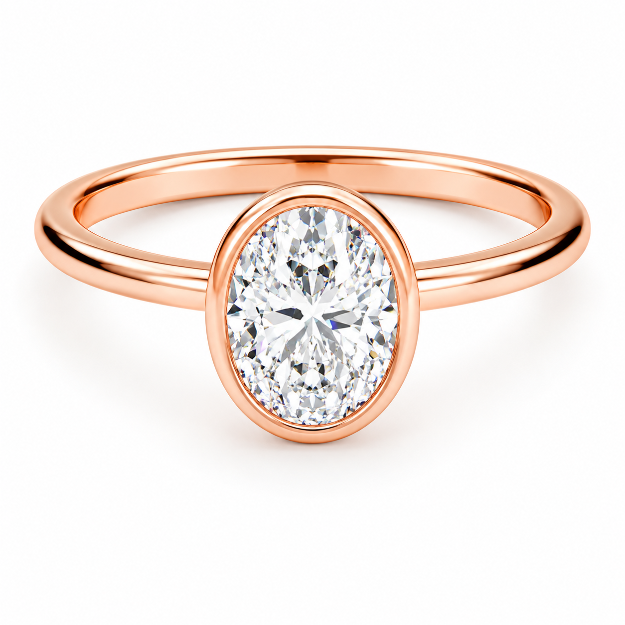 Front view of an oval-cut lab-grown diamond bezel-set solitaire engagement ring in rose gold