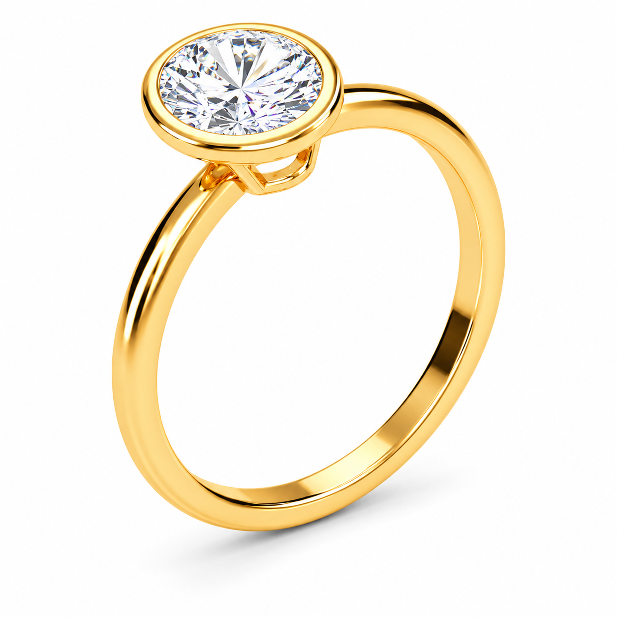 Angled view of an oval-cut lab-grown diamond bezel-set solitaire engagement ring in yellow gold