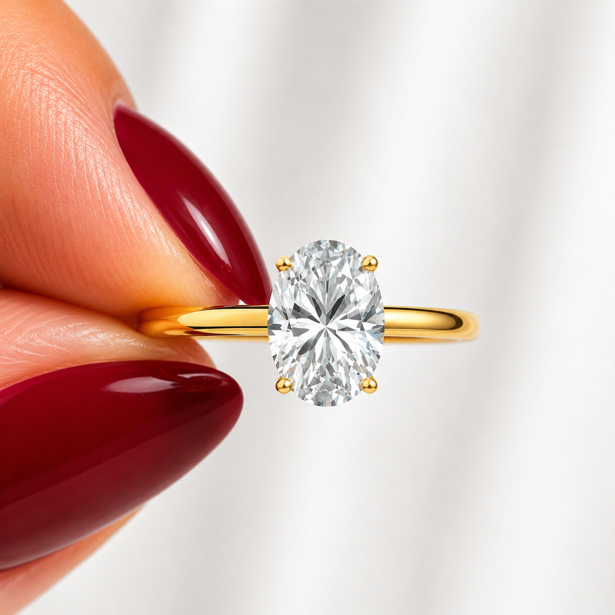 Close-up of an oval-cut lab-grown diamond cathedral solitaire engagement ring in yellow gold