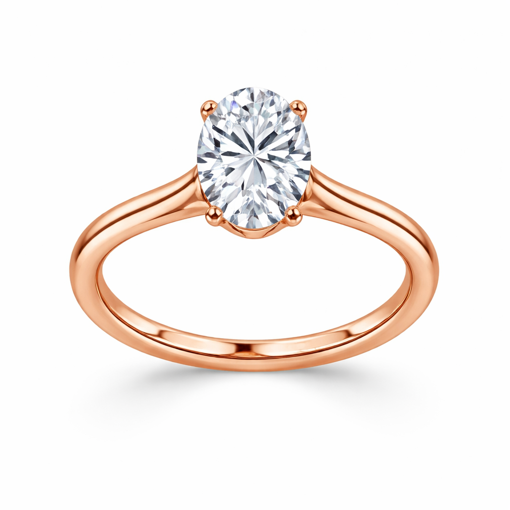 Front view of an oval-cut lab-grown diamond cathedral solitaire engagement ring in rose gold