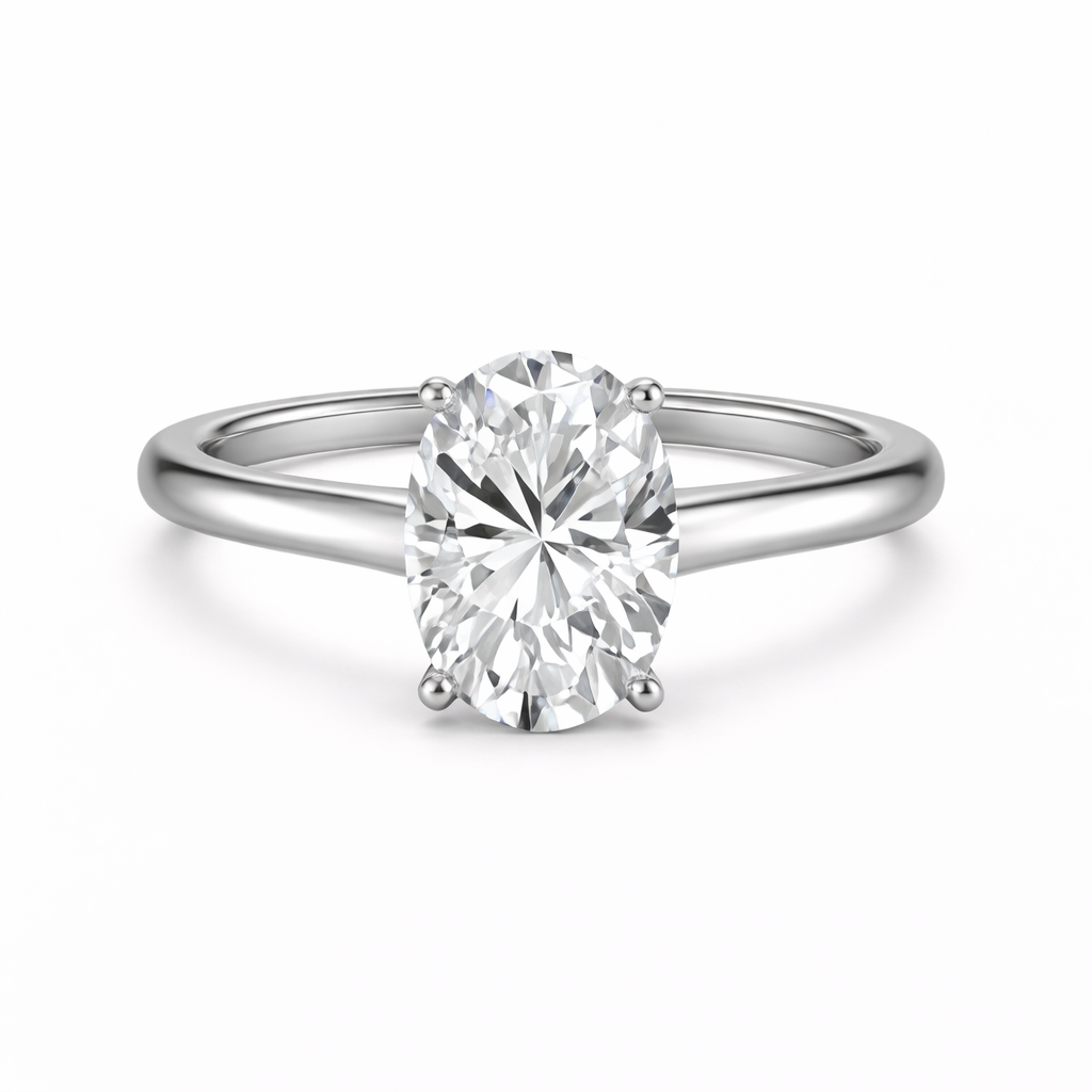 Front view of an oval-cut lab-grown diamond cathedral solitaire engagement ring in white gold