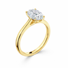 Rear view of an oval-cut lab-grown diamond cathedral solitaire engagement ring in yellow gold