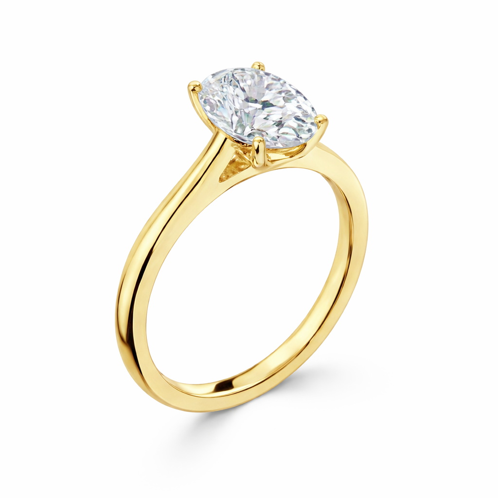 Rear view of an oval-cut lab-grown diamond cathedral solitaire engagement ring in yellow gold