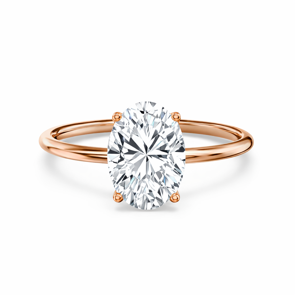 Front view of an oval-cut lab-grown diamond solitaire engagement ring in rose gold