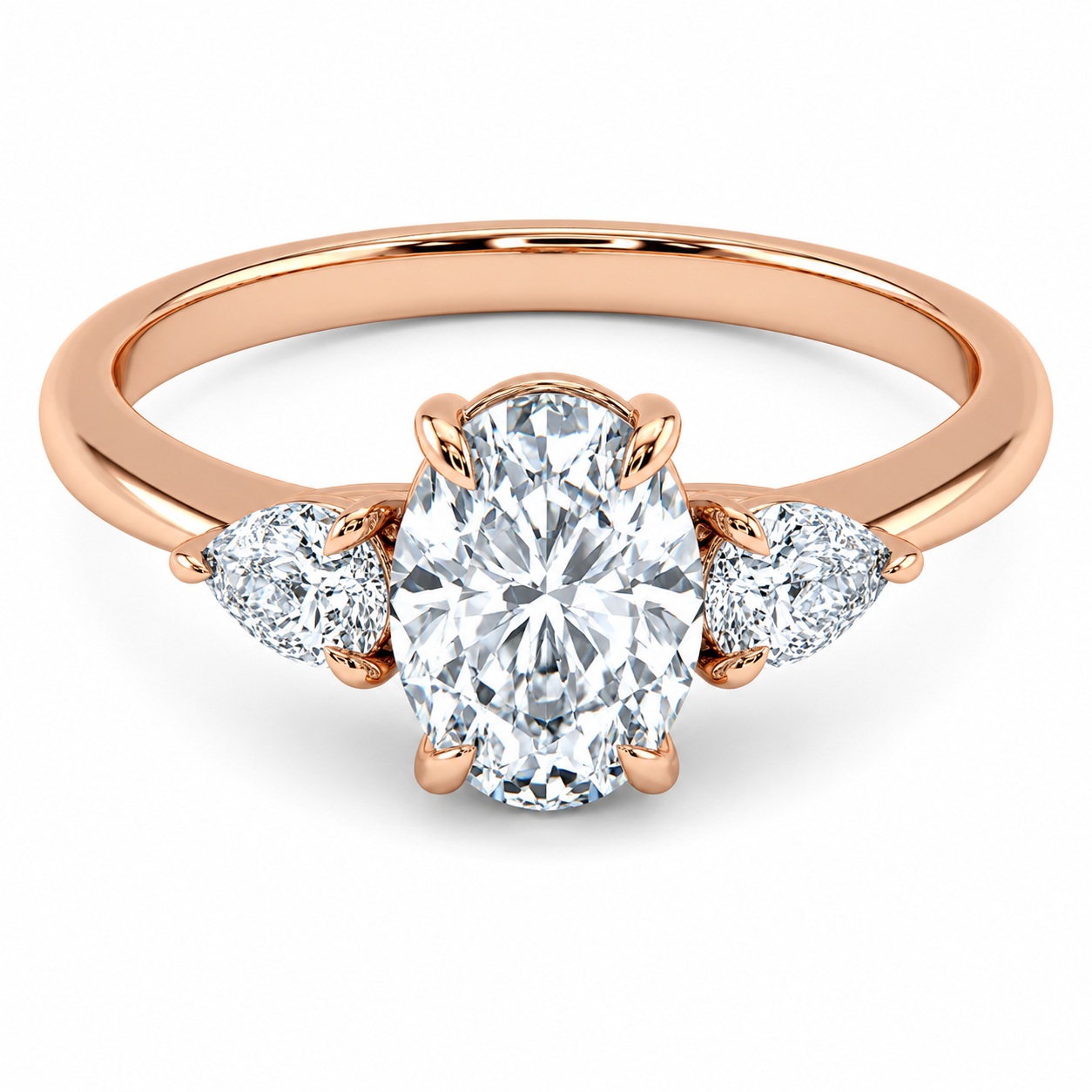 Front view of an oval-cut lab-grown diamond trilogy engagement ring in rose gold
