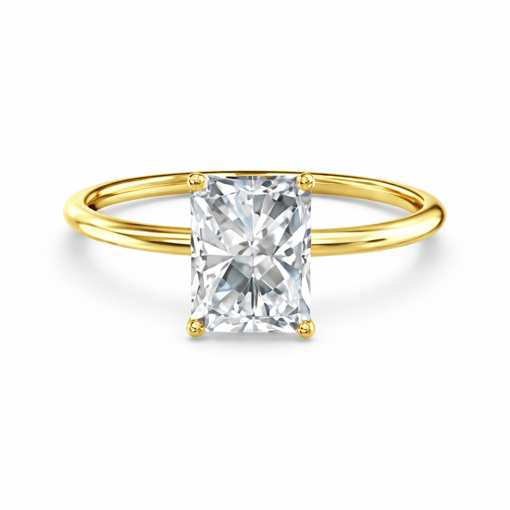 Front view of a radiant-cut lab-grown diamond solitaire engagement ring in yellow gold