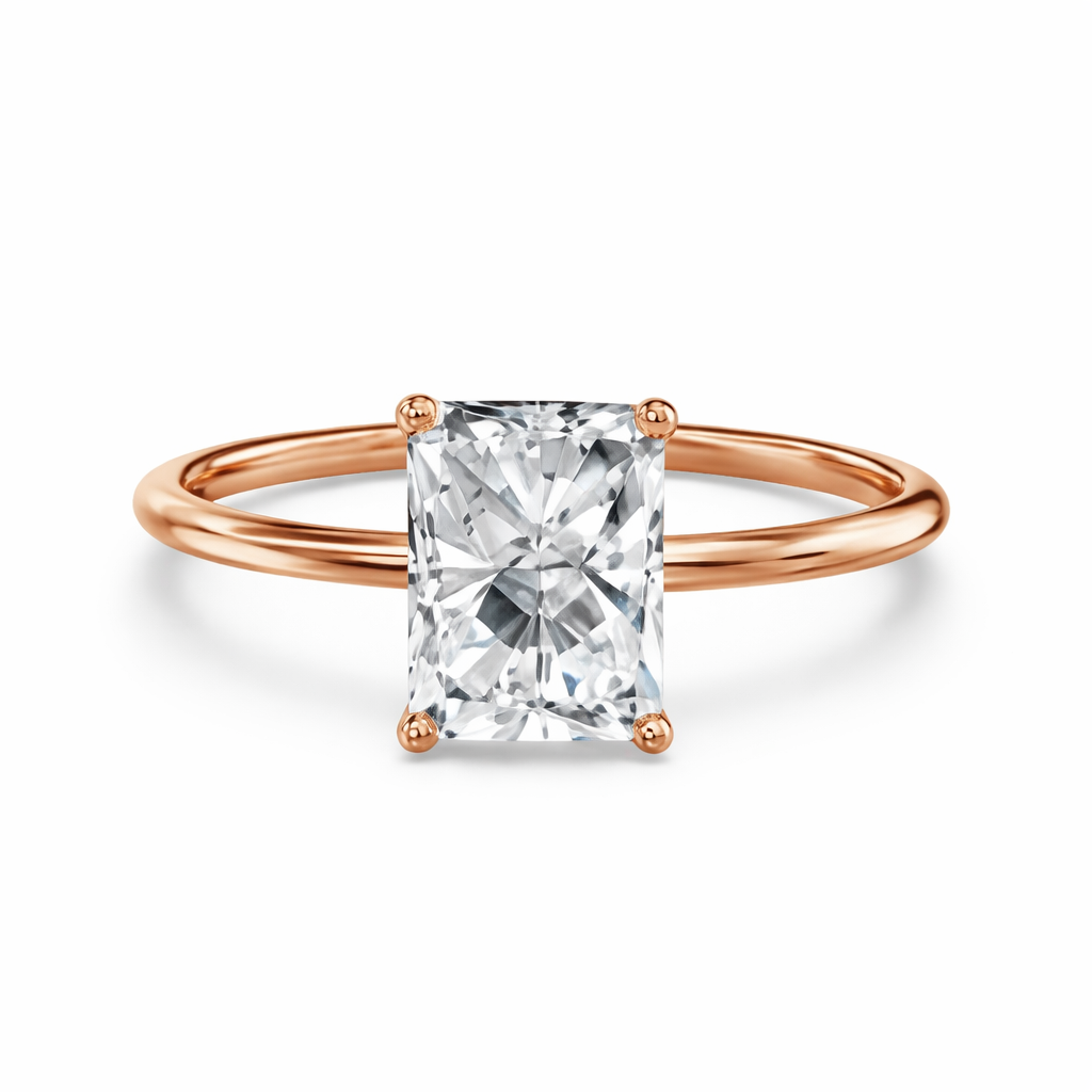 Front view of a radiant-cut lab-grown diamond solitaire engagement ring in rose gold
