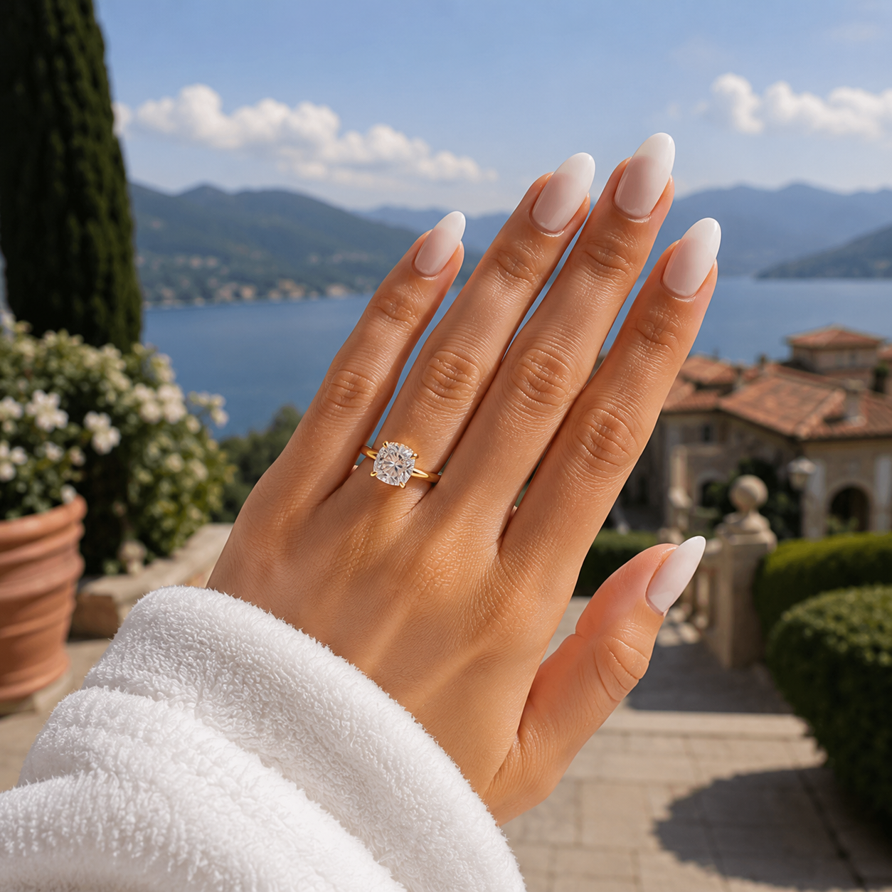 Cushion-cut lab-grown diamond hidden halo engagement ring worn on hand