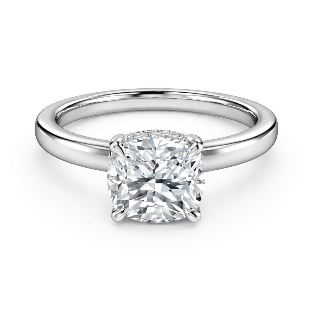 Front view of a cushion-cut lab-grown diamond hidden halo engagement ring in rose gold