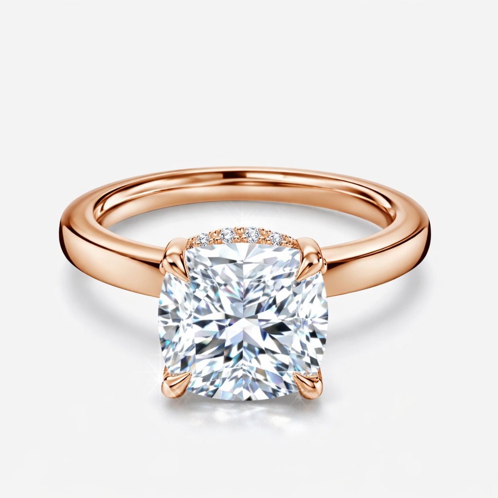 Front view of a cushion-cut lab-grown diamond hidden halo engagement ring in white gold