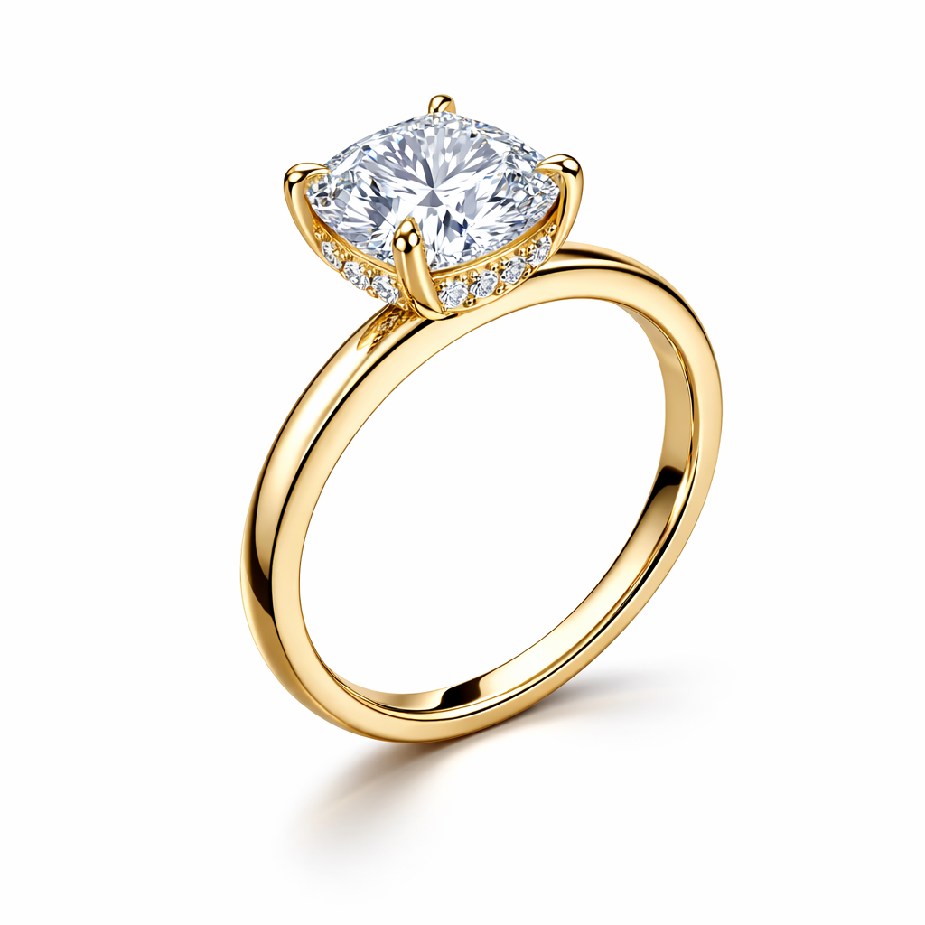 Rear view of a cushion-cut lab-grown diamond hidden halo engagement ring in yellow gold