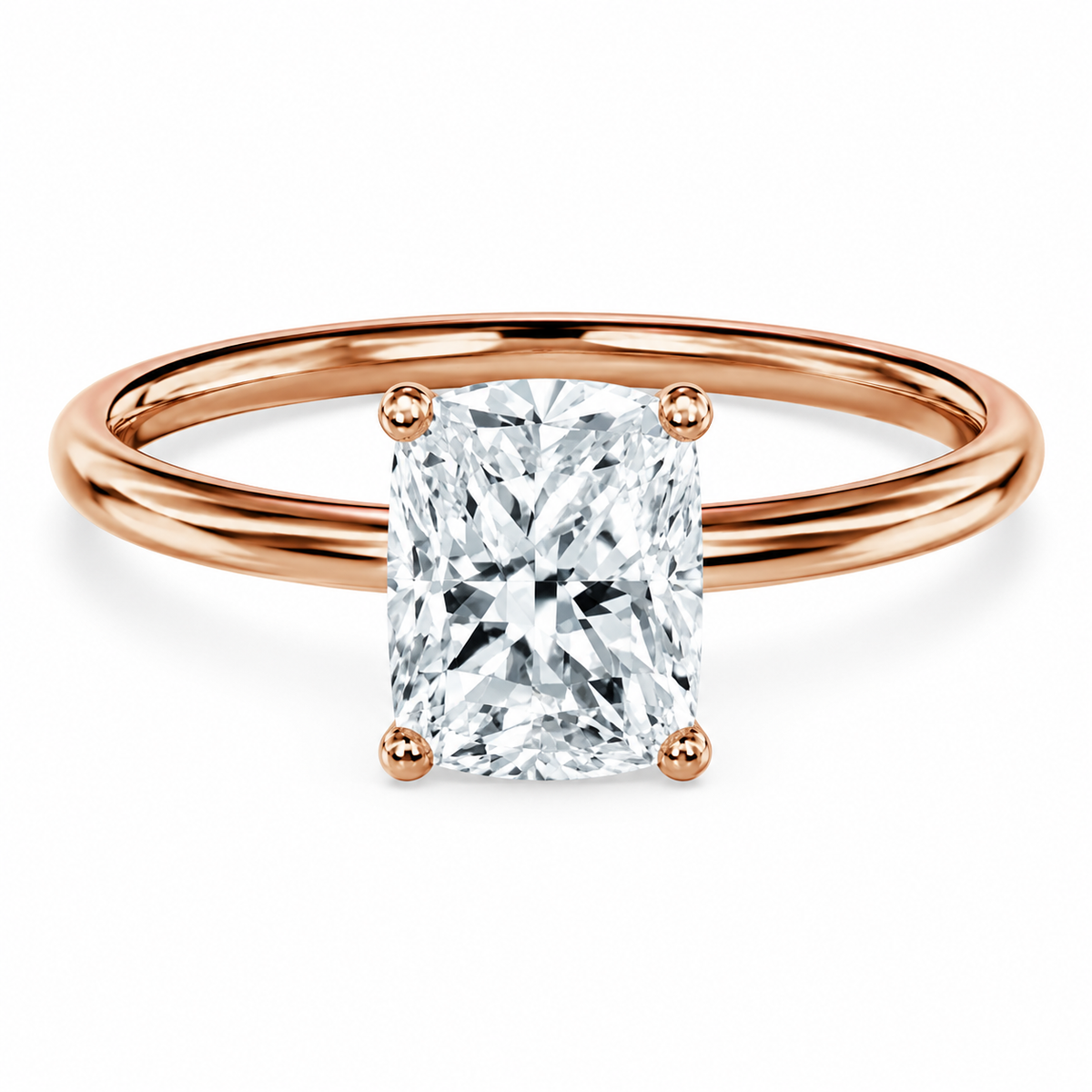 Front view of an elongated cushion-cut lab-grown diamond solitaire engagement ring in rose gold