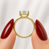 Side profile of an elongated cushion-cut lab-grown diamond solitaire engagement ring in yellow gold