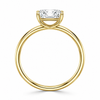 Rear view of an elongated cushion-cut lab-grown diamond solitaire engagement ring in yellow gold