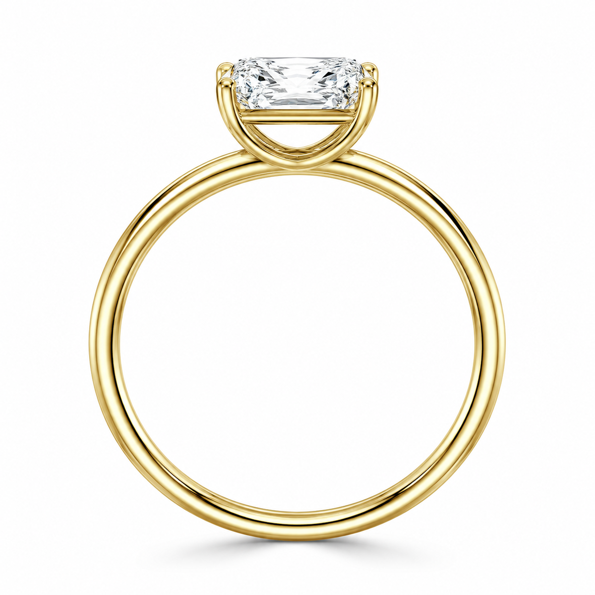 Rear view of an elongated cushion-cut lab-grown diamond solitaire engagement ring in yellow gold