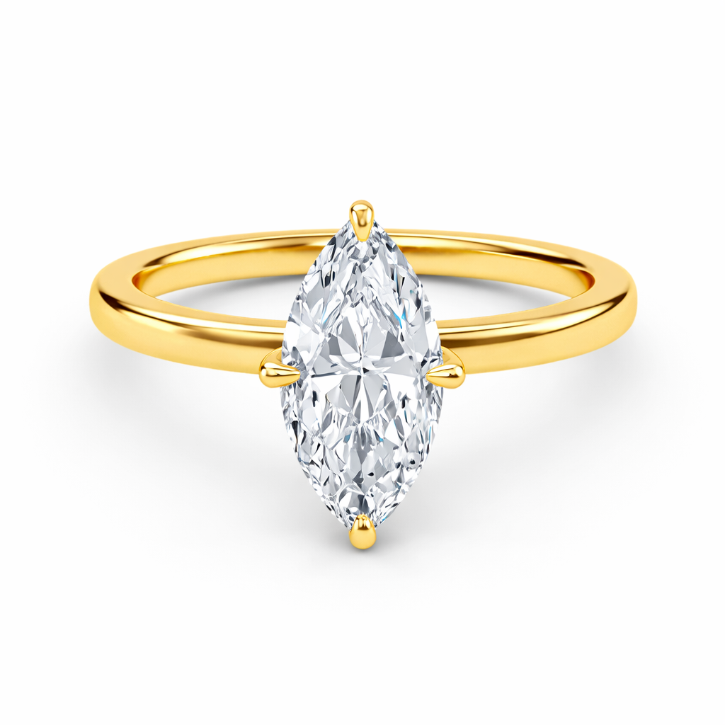 Front view of a marquise-cut lab-grown diamond hidden halo engagement ring in yellow gold