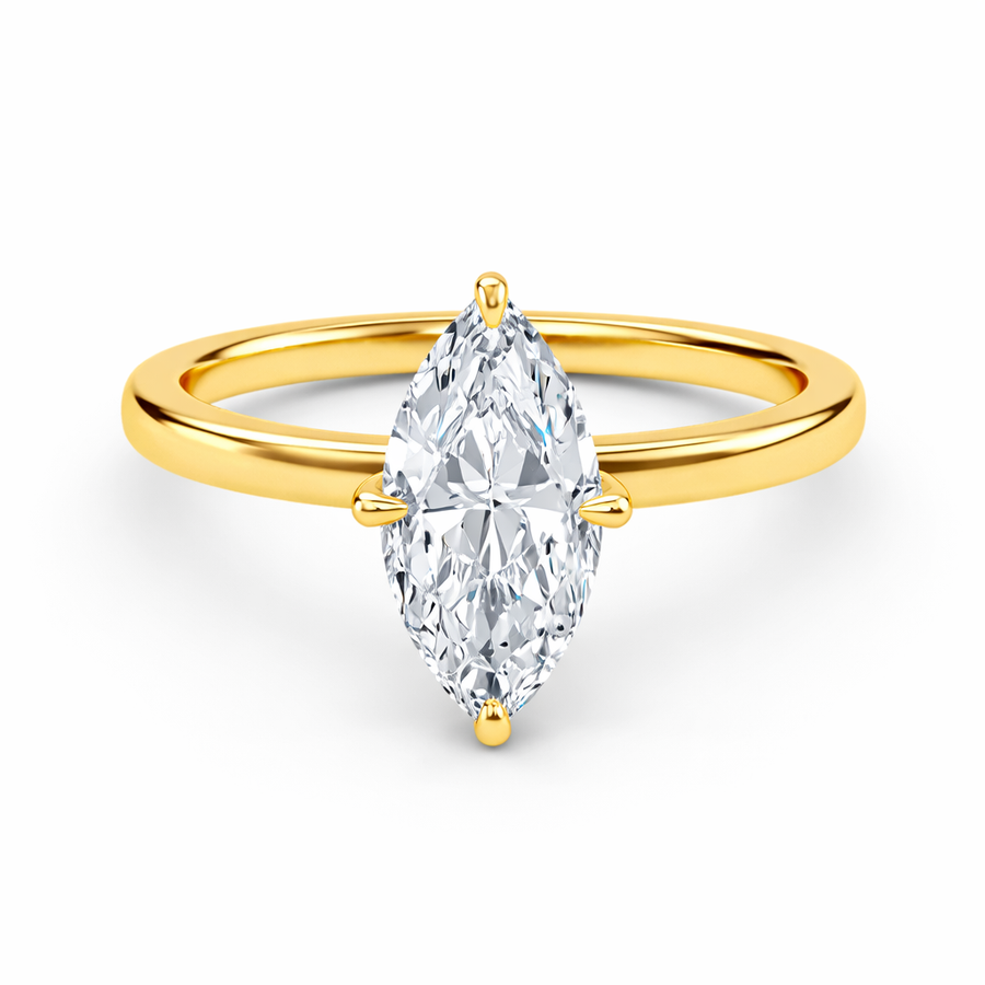 Front view of a marquise-cut lab-grown diamond hidden halo engagement ring in yellow gold
