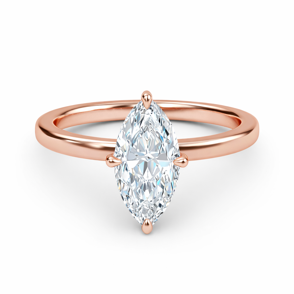 Front view of a marquise-cut lab-grown diamond hidden halo engagement ring in rose gold