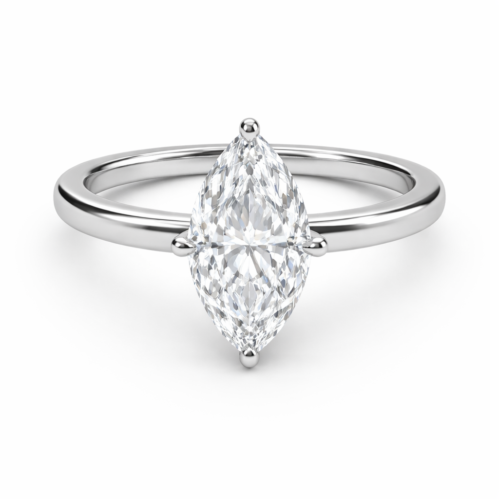 Front view of a marquise-cut lab-grown diamond hidden halo engagement ring in white gold
