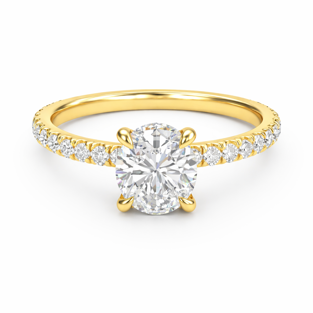 Front view of an oval-cut lab-grown diamond hidden halo pavé engagement ring in yellow gold