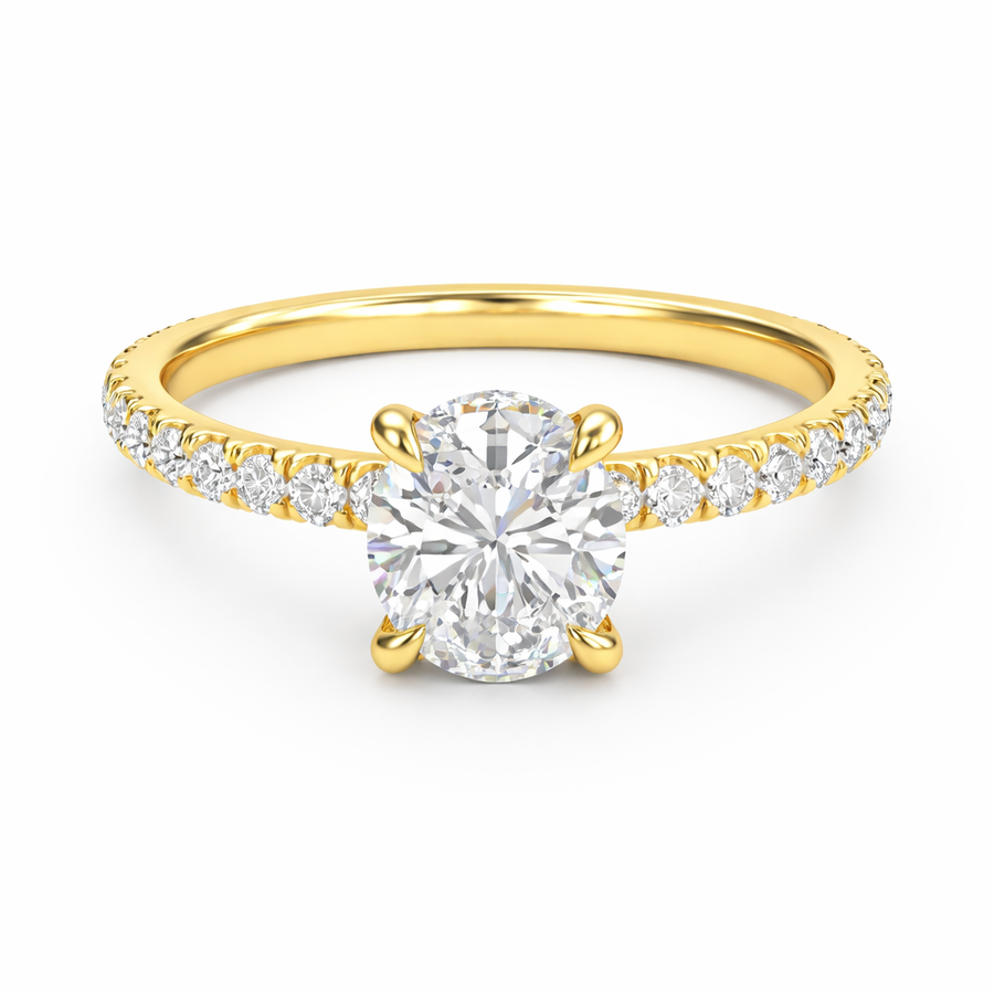 Front view of an oval-cut lab-grown diamond hidden halo pavé engagement ring in yellow gold