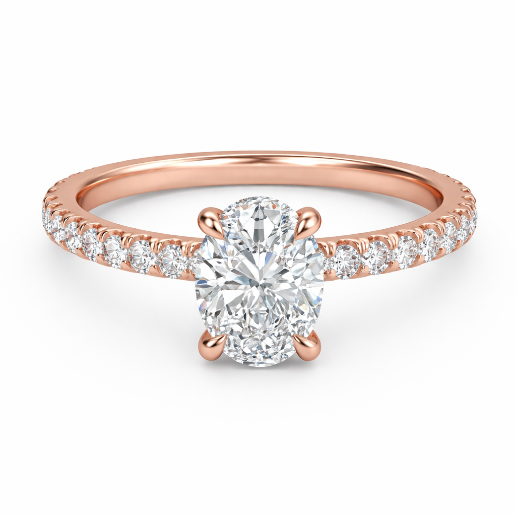 Front view of an oval-cut lab-grown diamond hidden halo pavé engagement ring in rose gold